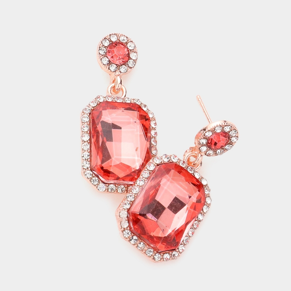 Coral Rose Gold Rectangle Stone Dangle Crystal Earrings 1.4 Inch Evening Jewelry